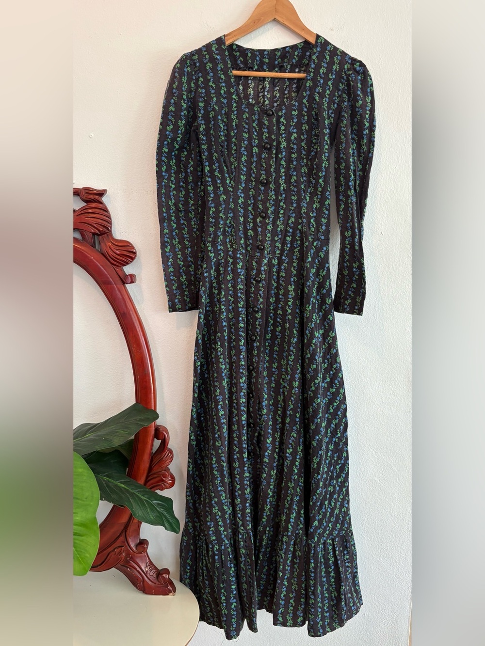 Vintage Handmade Long Black Floral Button-Front Dress with Green and Blue Print